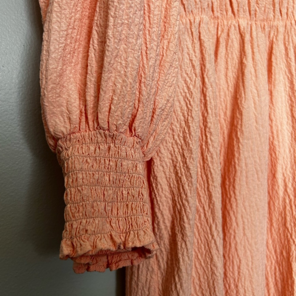 Calvin Klein Peach Tiered Midi Dress | Long Sleeve Smocked Cuffs | Size 16 - Picture 3 of 8